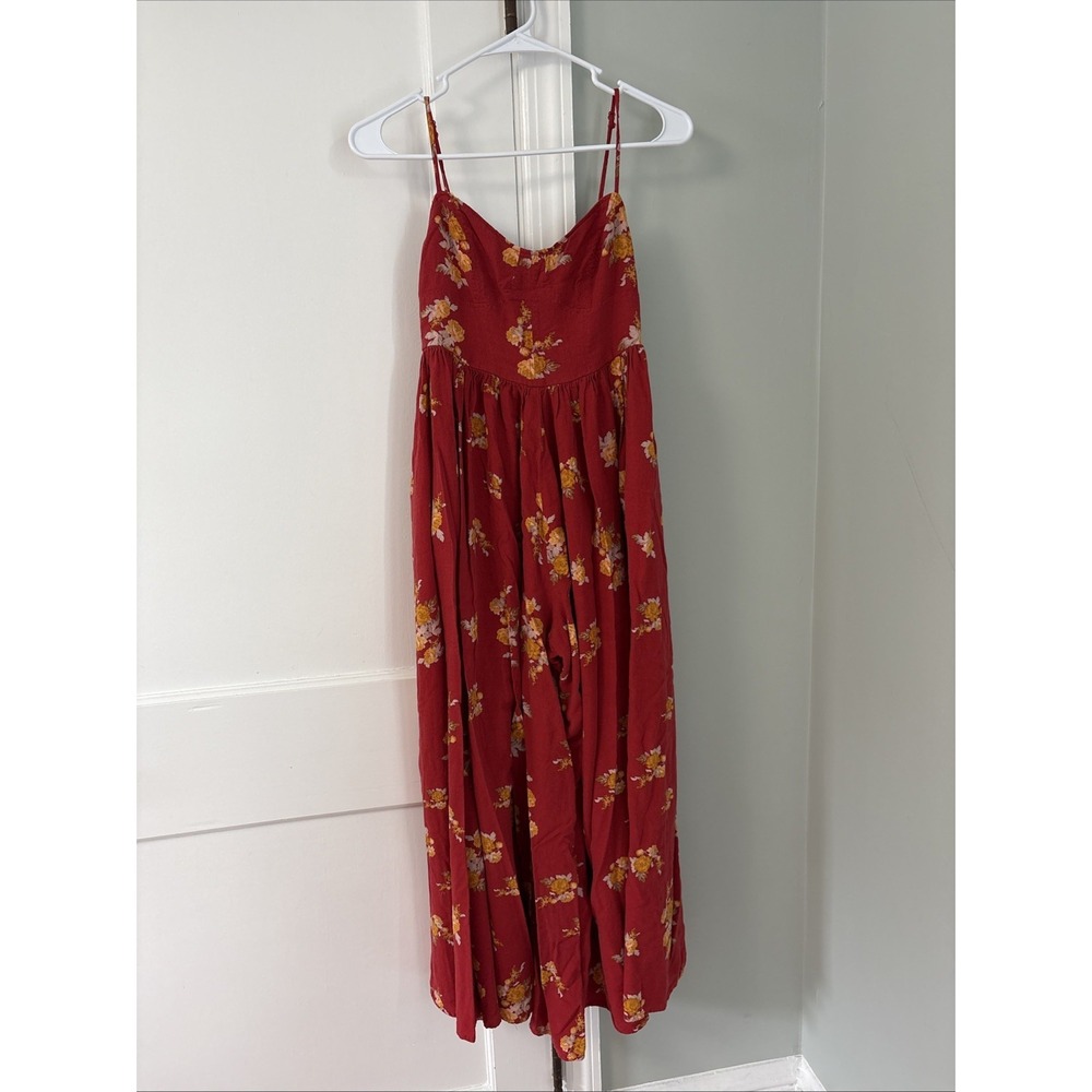 Free People Red What‎ is Love Floral Wide Leg V-Neck Jumpsuit Size 0